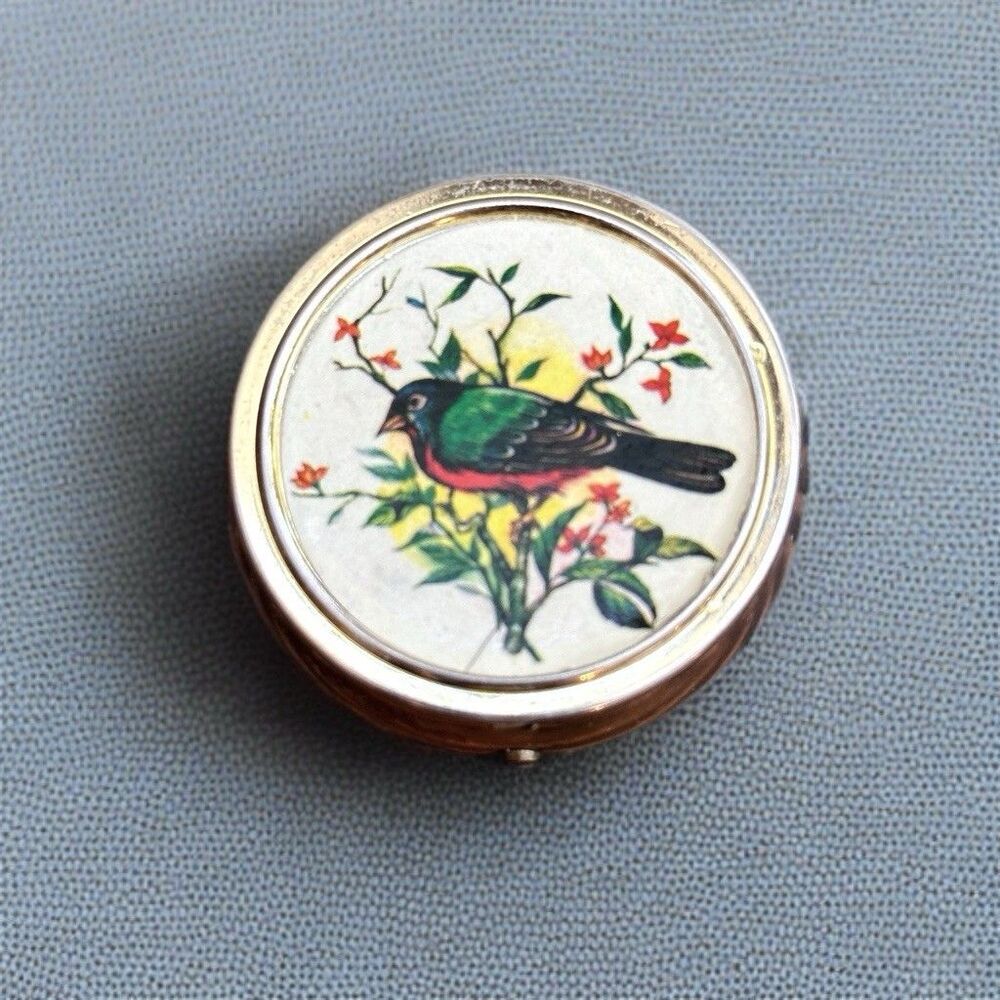 Vintage Bird floral Pill Box Insert Round Gold Tone Metal Made Hong Kong Painted